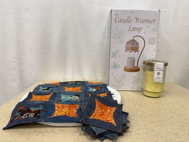 Candle Warmer, Candle, & Stand w/ Quilted Coasters