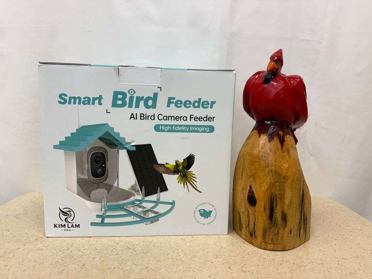 Smart Bird Feeder + Carved Cardinal Statue